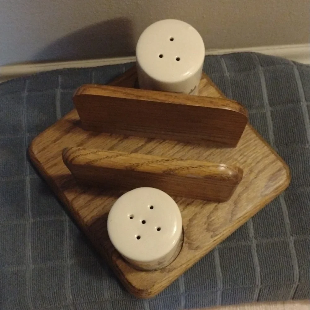 Salt & Pepper Small Cottages Themed Shakers Set with Wooden Napkin Holder - Picture 2 of 7